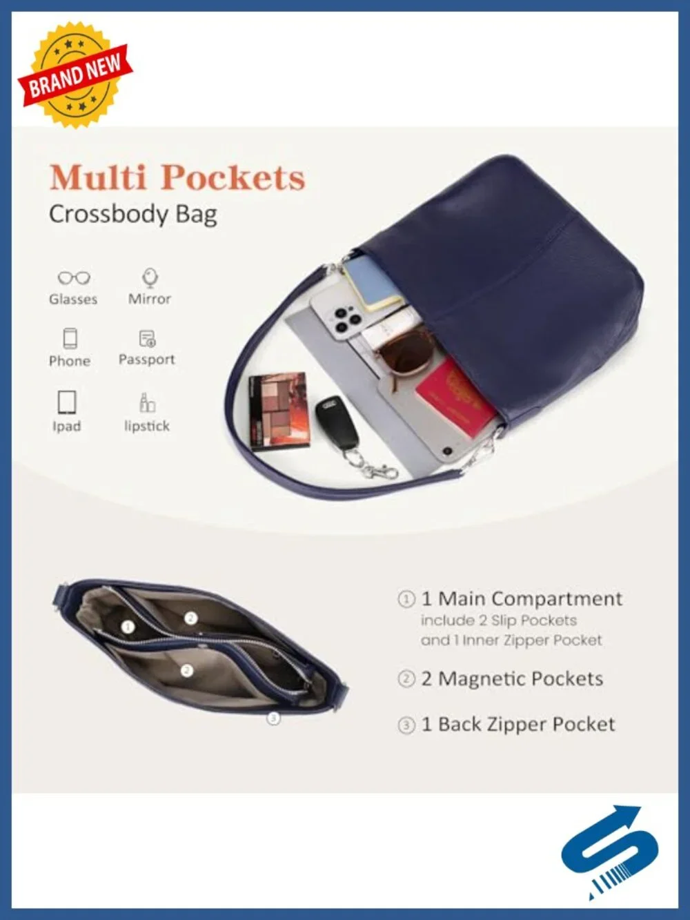 Genuine Leather Crossbody Hobo Bag with 2 Removable Straps